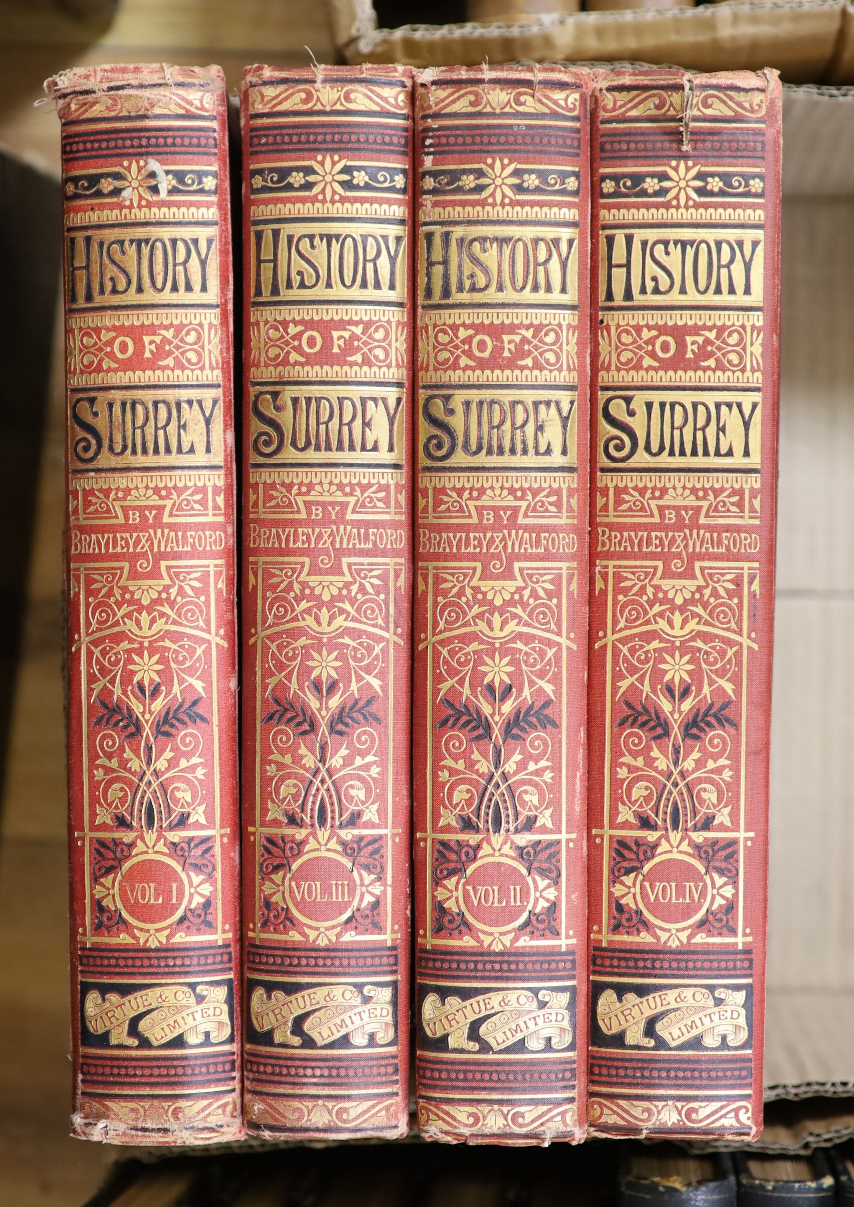 Brayley, Edward Wedlake - A Topographical History of Surrey, edited and revised by Edward Walford. 4 vols, complete with a steel engraved title page vignette to each and 75 steel engraved plates, of which 3 are coloured